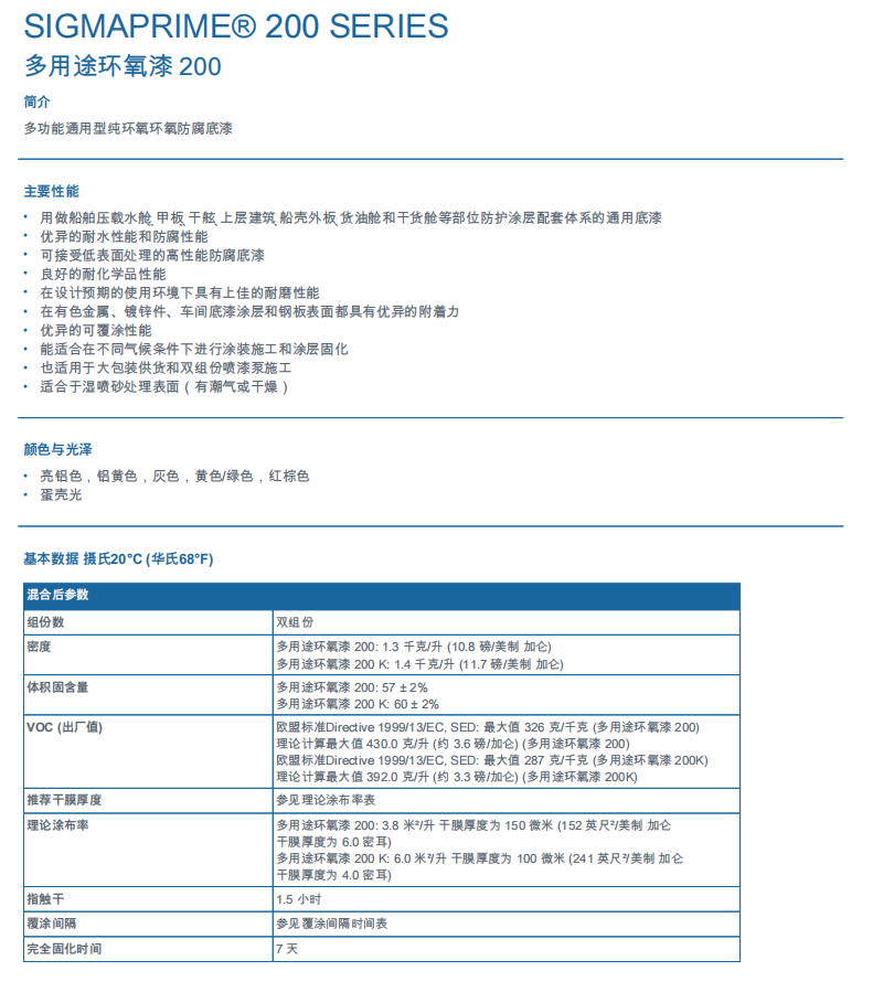 Sigmaprime 200‌多用途环氧漆PPG环氧漆