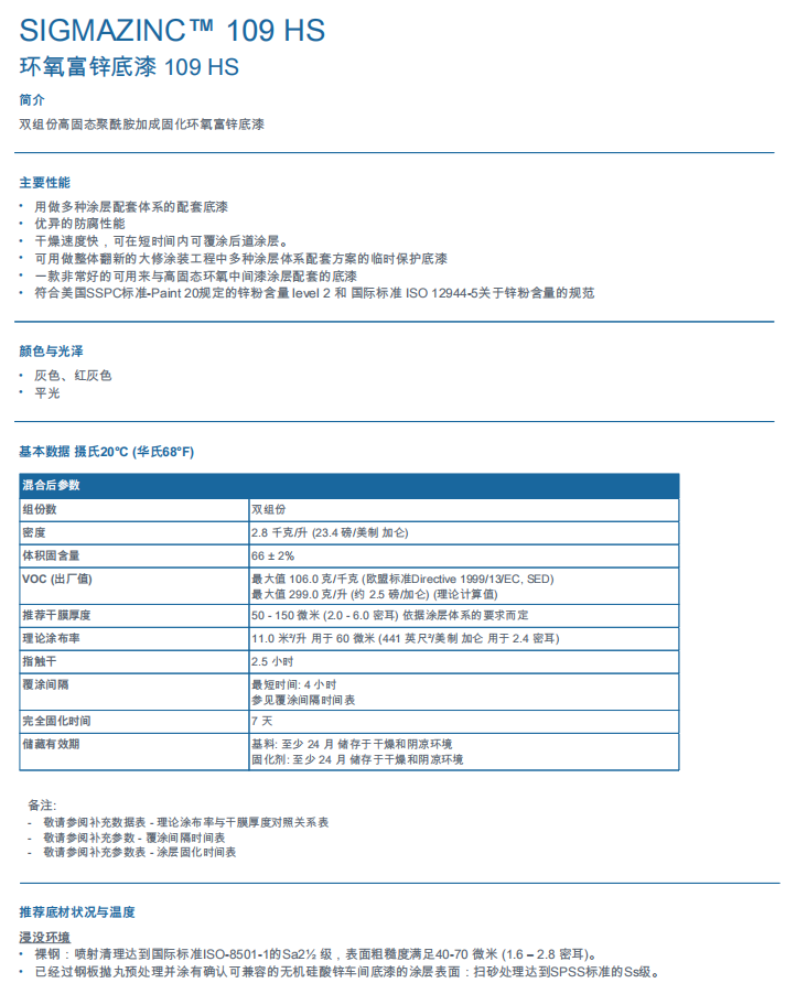 Sigmazinc 109HS环氧富锌底漆高含锌量（80%）