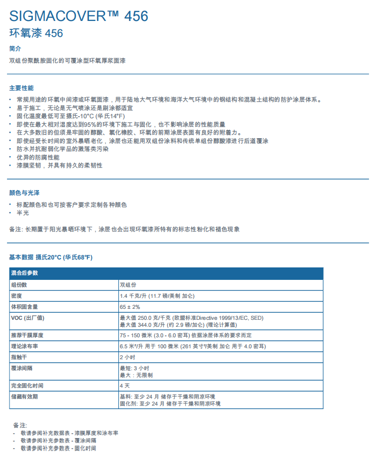 Sigmacover 456高固态环氧漆456环氧漆环氧厚浆面漆